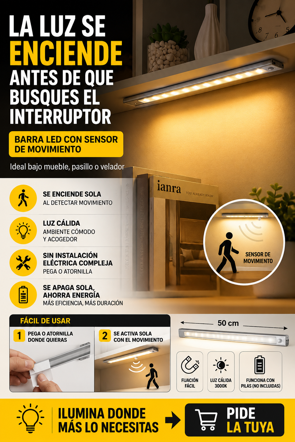 Barra LED 50cm con Sensor de Movimiento - Luz cálida 3000K, se enciende sola, fijación fácil, funciona con pilas