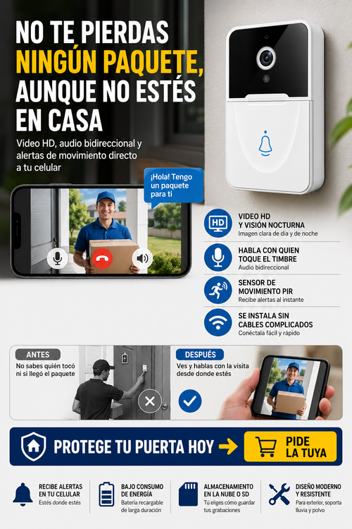 Cámara de Timbre Inteligente - Video HD, visión nocturna, audio bidireccional y sensor de movimiento PIR