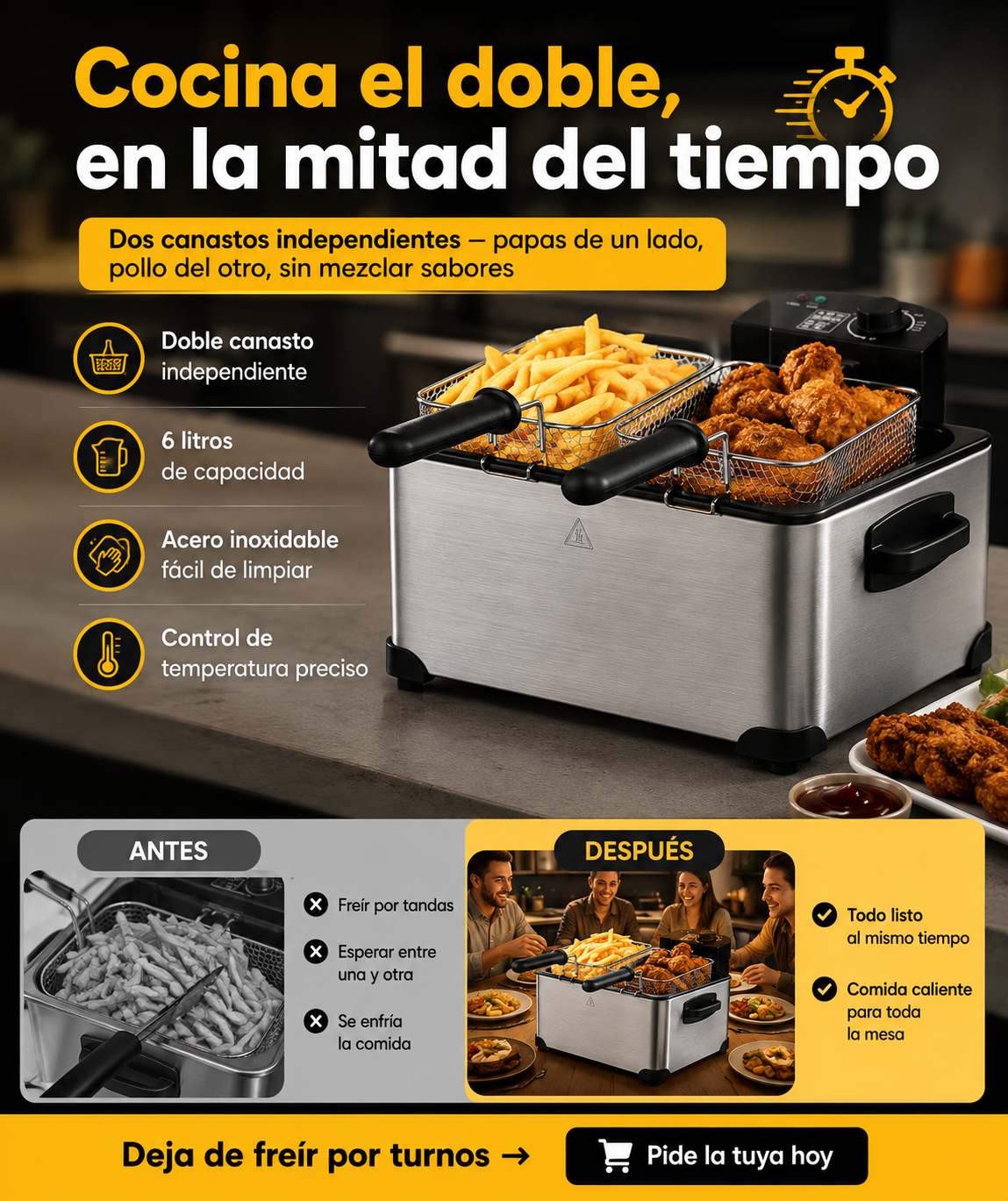 Freidora Doble de Acero Inoxidable 6 L