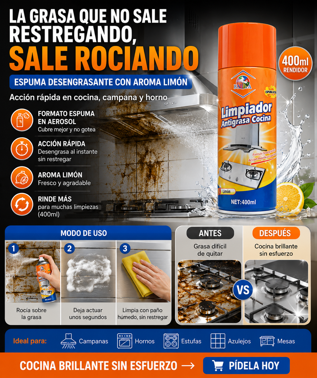 Espuma Desengrasante Antigrasa 400ml - Acción rápida en cocina, campana y horno, aroma limón