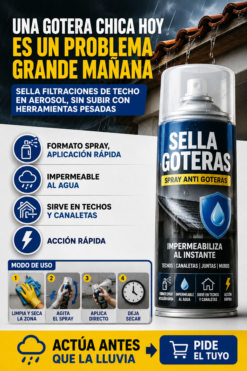 Spray Sella Goteras 400ml - Impermeabilizante al instante para techos, canaletas, juntas y muros