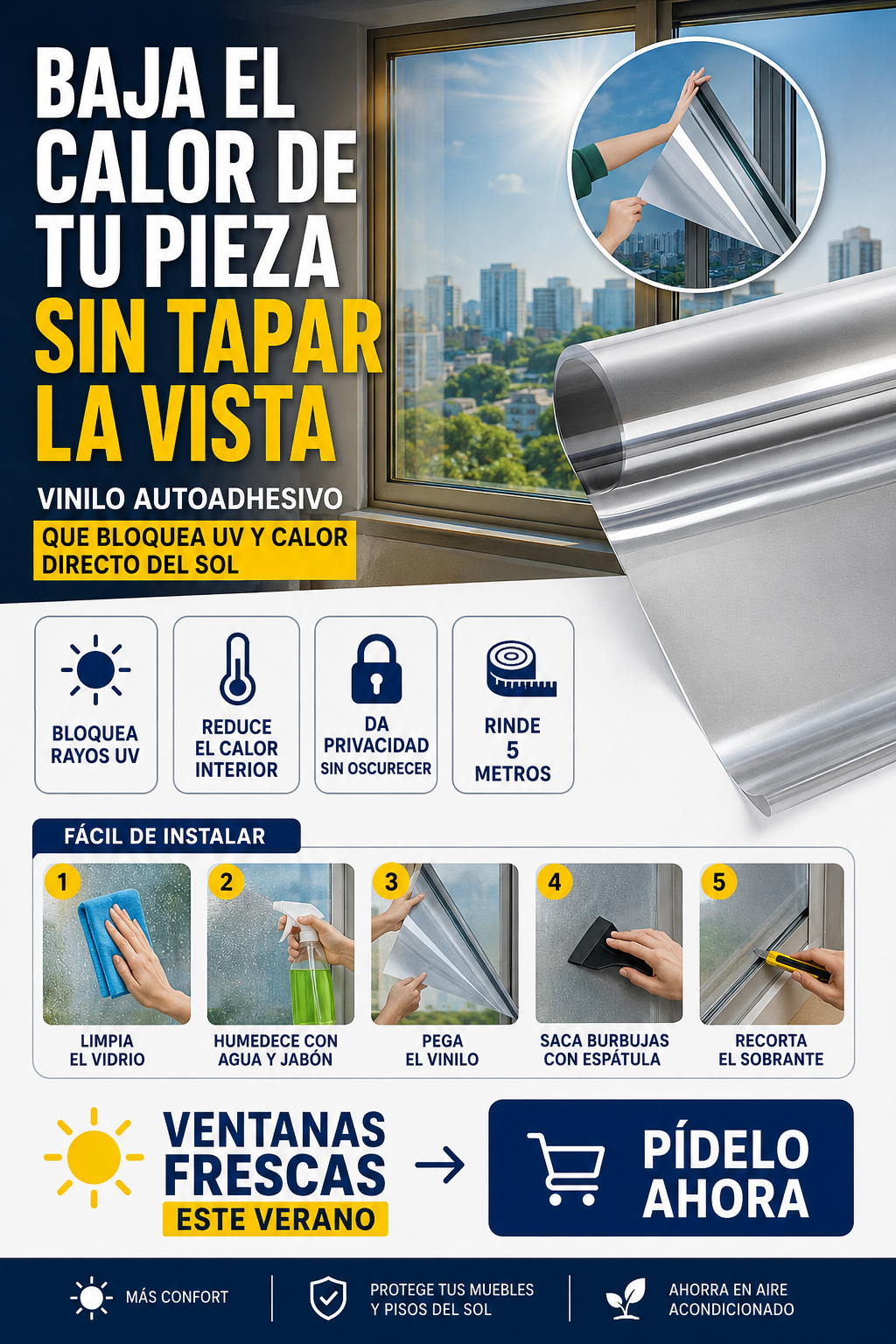 Vinilo Autoadhesivo Anti UV 60cm x 5m - Bloquea rayos UV y calor, da privacidad sin oscurecer, fácil instalación