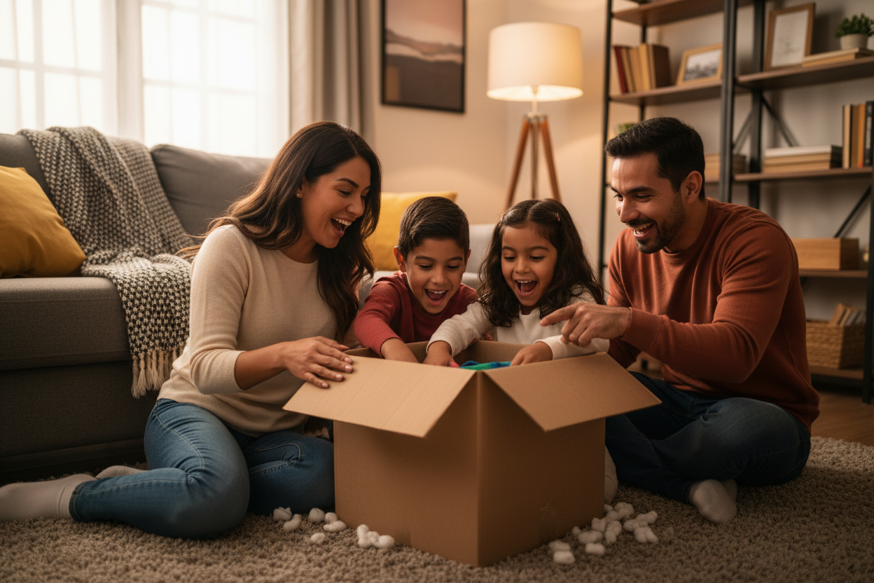 Familia abriendo caja